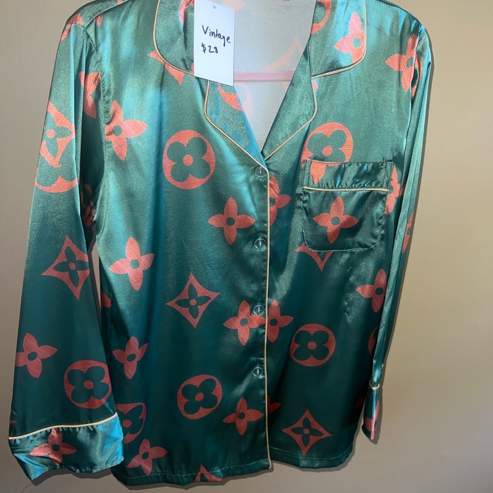 Teal and Pink Patterned Satin Shirt